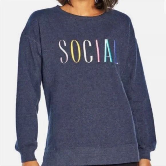 WILDFOX Social Side Slit Sweatshirt Lounging Relaxing Weekend Top Blue XL - Picture 13 of 13